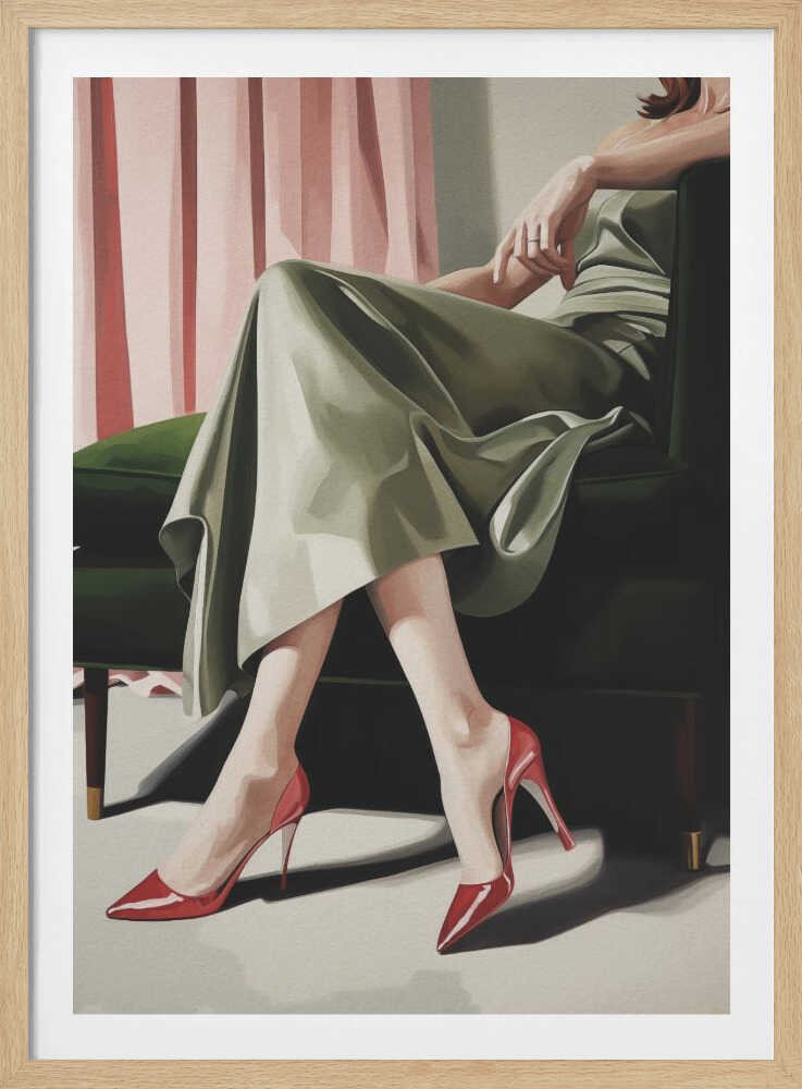 A painting of a woman from the torso down, sitting elegantly in a dark green armchair. She wears a flowing sage green dress and vibrant, glossy red stiletto heels. Behind her, pink curtains add a soft backdrop to the scene. Decor
