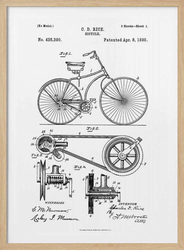 A framed black and white patent illustration for a bicycle invented by C. D. Rice, patented April 8, 1890. The technical drawing shows a side view of the bicycle and detailed diagrams of its mechanical components. Print