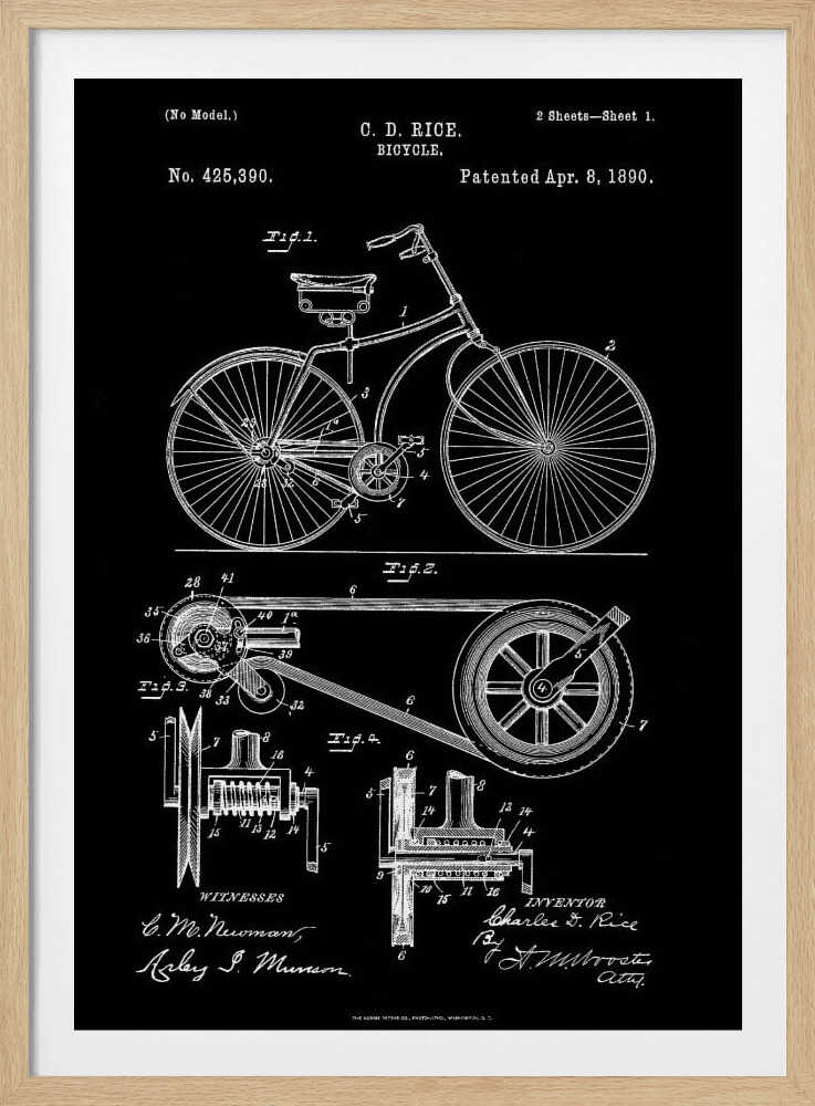 A framed black and white patent illustration for a bicycle invented by C. D. Rice, dated April 8, 1890. The artwork displays detailed technical drawings of the bicycle's design and mechanical components against a solid black background. Wall Art