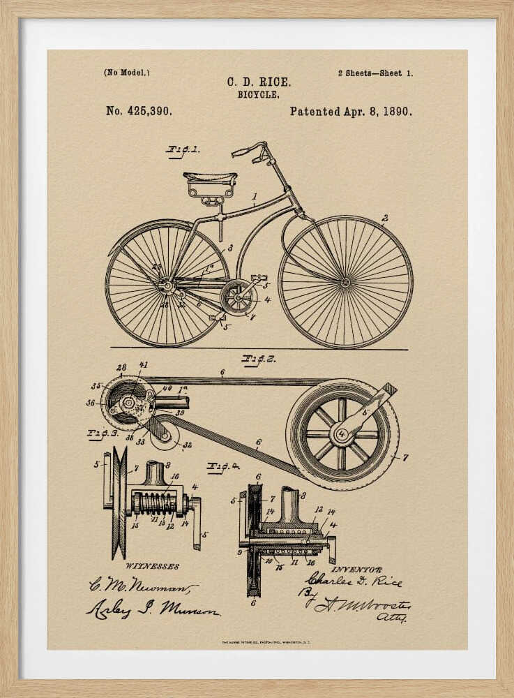 A framed vintage patent illustration for a bicycle by C. D. Rice, dated April 8, 1890. The technical drawing is in black ink on a beige, parchment-style background, showing detailed schematics of the bicycle and its components. Wall Art
