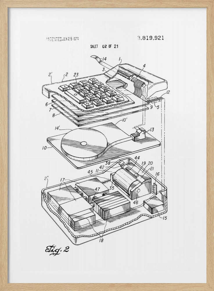 A framed black and white patent illustration from 1974 showing an exploded view of an early electronic calculator. The detailed technical drawing, labeled 'Fig. 2', displays the keyboard, internal components, and circuitry, with various parts numbered for reference. Decor