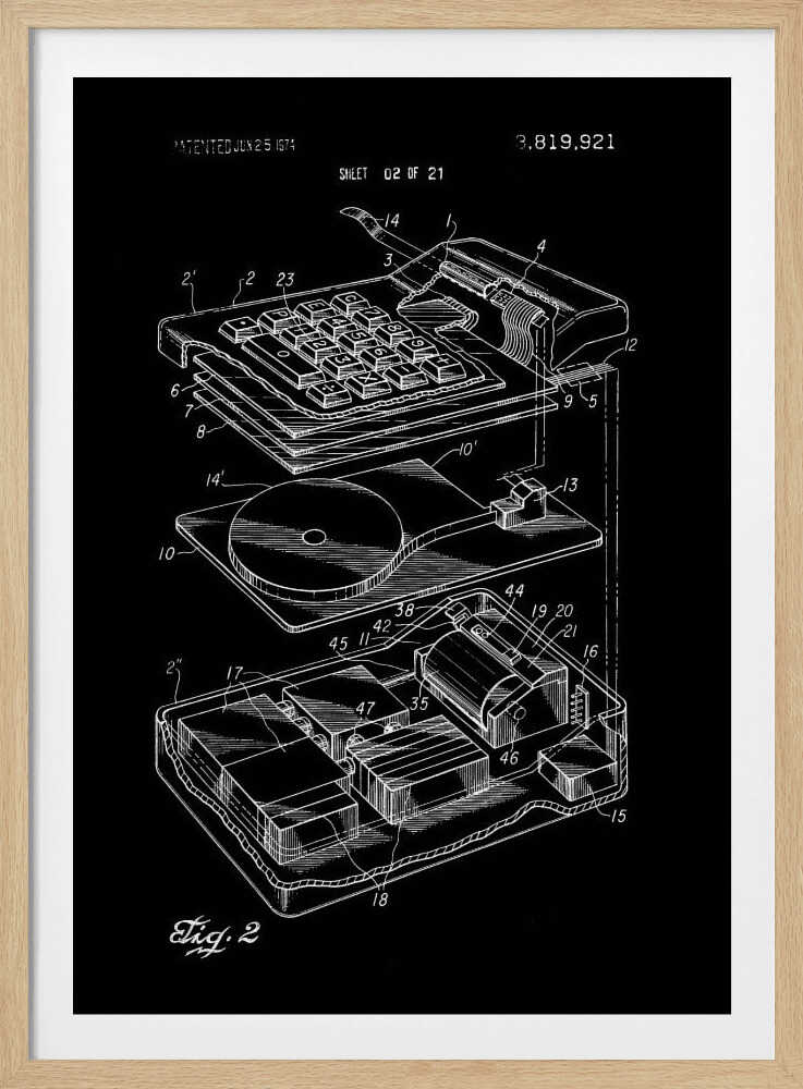 A black and white patent illustration of an electronic calculator from 1974. The image shows an exploded view of the device, detailing the keyboard and internal components with white line drawings on a black background. Wall Art