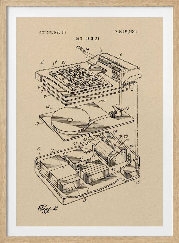 A framed print of a vintage patent illustration from 1974, showing an exploded view of an electronic calculator. The technical drawing is in black ink on tan paper and details the keyboard, internal circuitry, and printing mechanism, all labeled with reference numbers. Poster