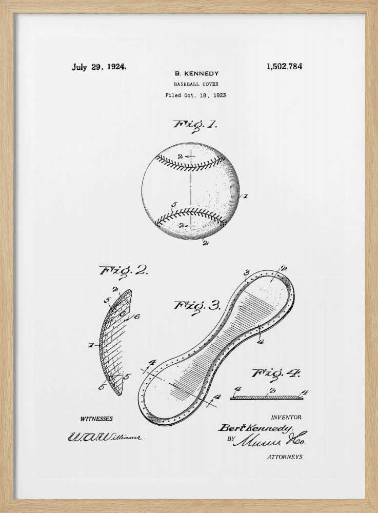 A framed black and white print of the 1924 U.S. patent for a baseball cover by inventor B. Kennedy. The diagram features several figures, including a detailed drawing of a baseball and the figure-eight shaped leather cover. Decor