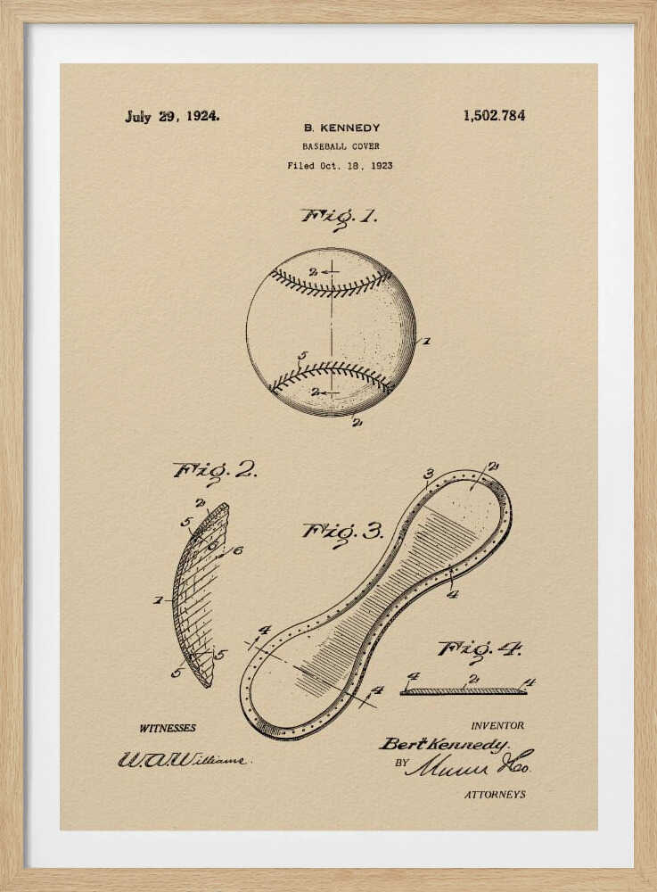 A framed vintage patent illustration for a baseball cover, dated July 29, 1924. The artwork, on a beige parchment background, shows technical drawings of a baseball and its figure-eight leather cover piece, with text and signatures. Artwork