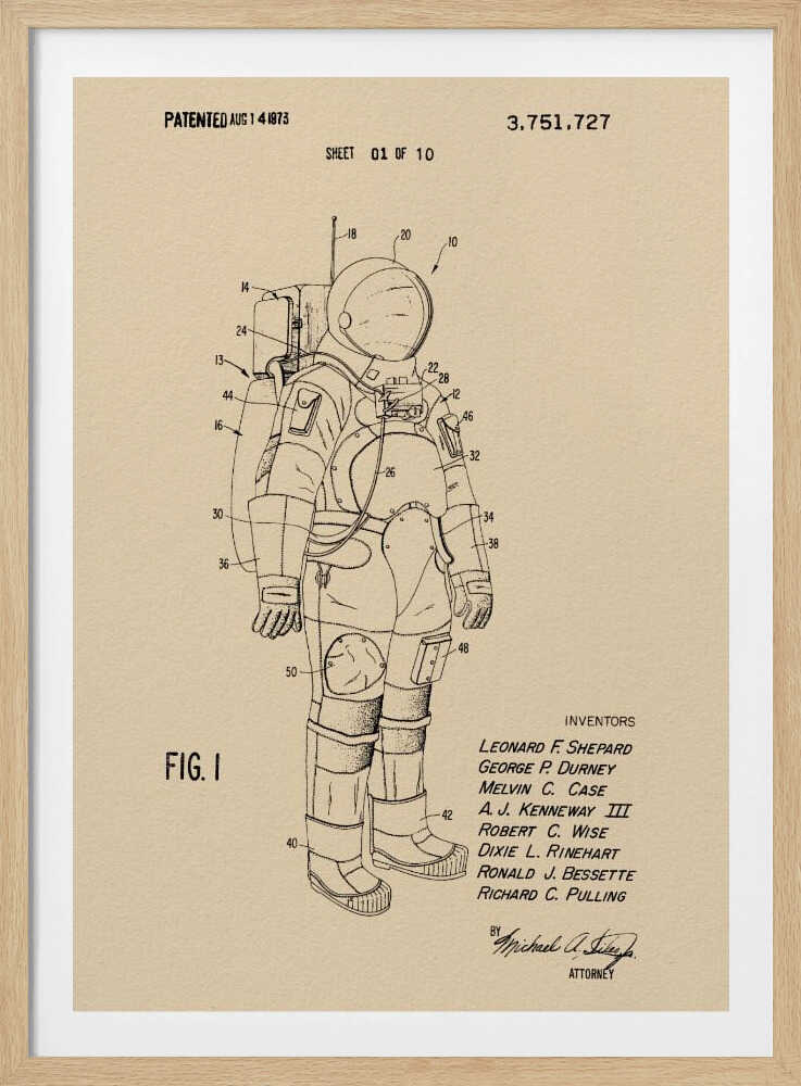 A framed vintage patent illustration of an astronaut's spacesuit, presented as a black line drawing on tan paper. The detailed diagram is labeled with numbers and includes patent details, dates, and inventors' names. Wall Art