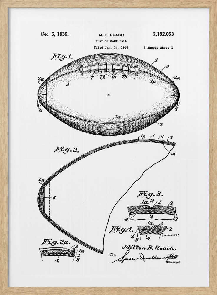 A framed black and white print of the 1939 patent for a football. The illustration, by inventor Milton B. Reach, shows detailed diagrams and cross-sections of the game ball's construction. Poster