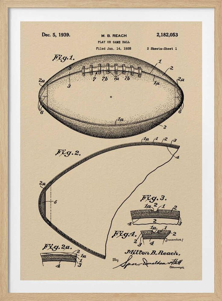 A framed print of the 1939 U.S. patent for a 'Play or Game Ball' by inventor M. B. Reach. The illustration features detailed technical drawings of a football in black ink on a beige, parchment-like background. Poster