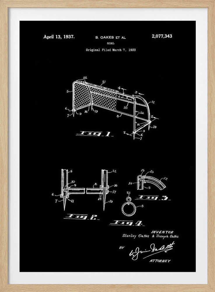 A framed vintage patent illustration for a soccer goal, dated April 13, 1937. The drawing, presented in white lines on a black background, details the construction of the goal with multiple figures and annotations. Decor