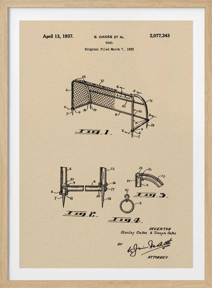 A framed vintage-style patent print for a sports goal, dated April 13, 1937. The artwork features detailed black line drawings of the goal and its components on a beige parchment background, complete with patent numbers, inventor names, and signatures. Poster