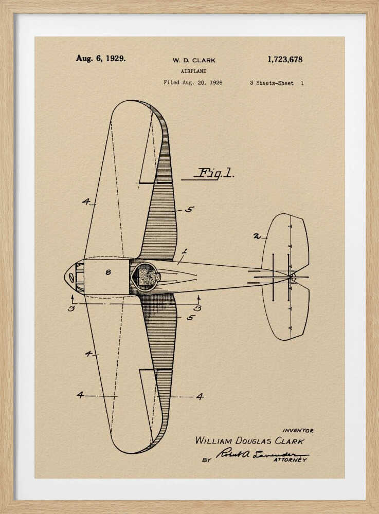 A framed vintage patent illustration of an airplane designed by W. D. Clark, dated August 6, 1929. The image shows a top-down schematic view of the aircraft in black ink on an aged, beige paper background, with various parts labeled with numbers. Text and signatures are visible, characteristic of an official patent document. Decor