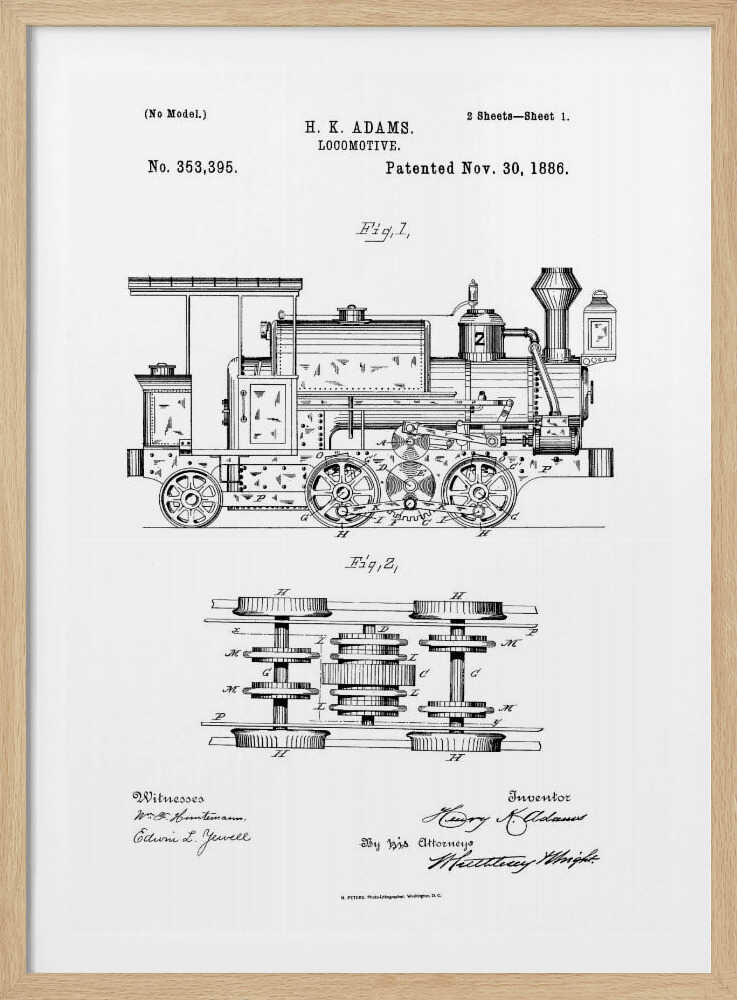 A framed black and white patent illustration for an H.K. Adams locomotive, dated November 30, 1886. The drawing features a detailed side view of the steam engine and a top-down diagram of its wheel and gear assembly. Wall Art