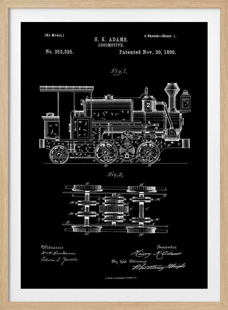 A vintage patent illustration for an H. K. Adams locomotive, dated November 30, 1886. The drawing, in white lines on a black background, shows a detailed side view and a top view of the train's wheel and gear mechanics, all framed in black. Artwork