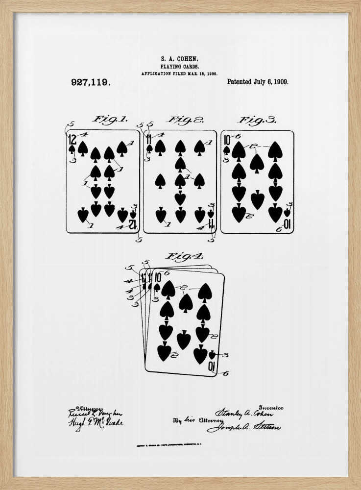 A framed, black and white patent illustration for playing cards by S. A. Cohen, patented July 6, 1909. The technical drawing displays four figures showing various spade playing cards, including a 12, 11, and 10, along with official text and signatures. Decor
