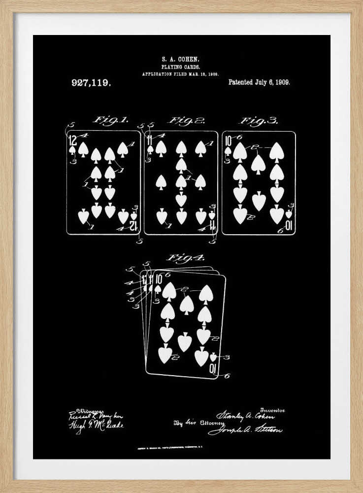 A framed black and white patent illustration from 1909 for playing cards by S.A. Cohen. The blueprint-style drawing shows four figures of playing cards, primarily with spade and heart suits, on a black background. Text and signatures related to the patent are visible at the top and bottom. Wall Art