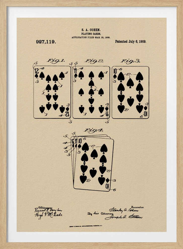 A framed vintage patent print for S. A. Cohen's playing cards, dated July 6, 1909. The print is on beige paper with black ink, showing diagrams of the 12, 11, and 10 of spades, along with technical text and signatures. Wall Art