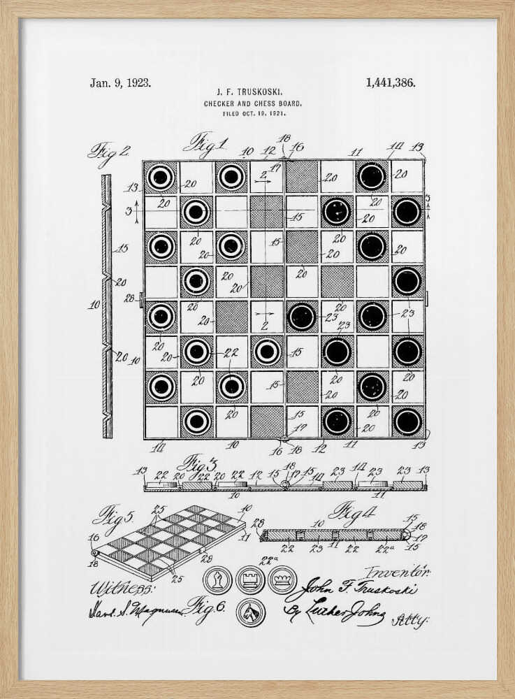 A framed black and white patent illustration for a Checker and Chess Board, dated January 9, 1923. The drawing by inventor J. F. Truskoski shows detailed diagrams of the game board and pieces, complete with reference numbers, figures, and signatures. Print