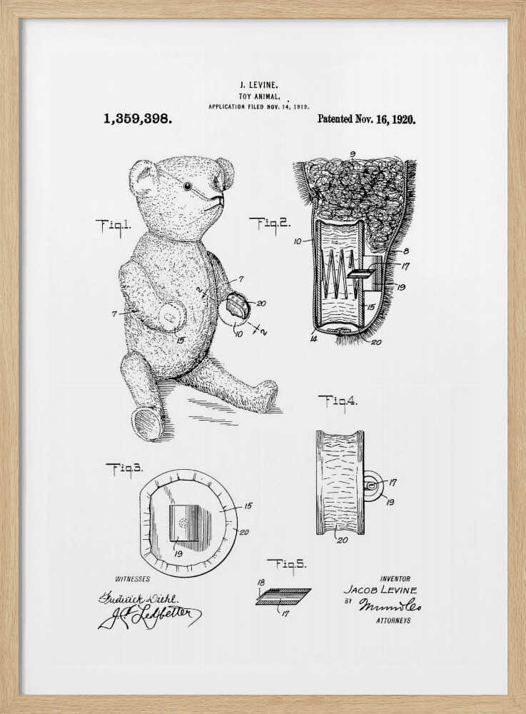 A framed black and white print of a US patent for a 'Toy Animal' by J. Levine, dated November 16, 1920. The illustration features multiple figures, including a full drawing of a teddy bear and detailed cross-sections of its internal mechanisms. Artwork