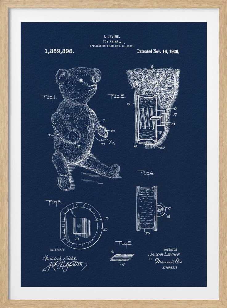 A framed vintage patent blueprint for a toy animal, specifically a teddy bear. The poster is dark blue with white line drawings and text, showing various figures and cross-sections of the bear and its internal mechanisms. Text at the top reads 'J. Levine, Toy Animal, Patented Nov. 16, 1920'. Wall Art