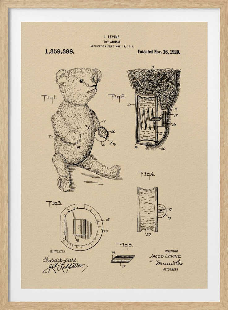 A framed vintage patent illustration for a 'Toy Animal,' specifically a teddy bear, by inventor J. Levine. The drawing is on beige parchment-style paper with black ink, showing multiple figures including a full teddy bear and detailed cross-sections of its internal mechanisms. The patent number 1,359,398 and date Nov. 16, 1920 are printed at the top. Wall Art
