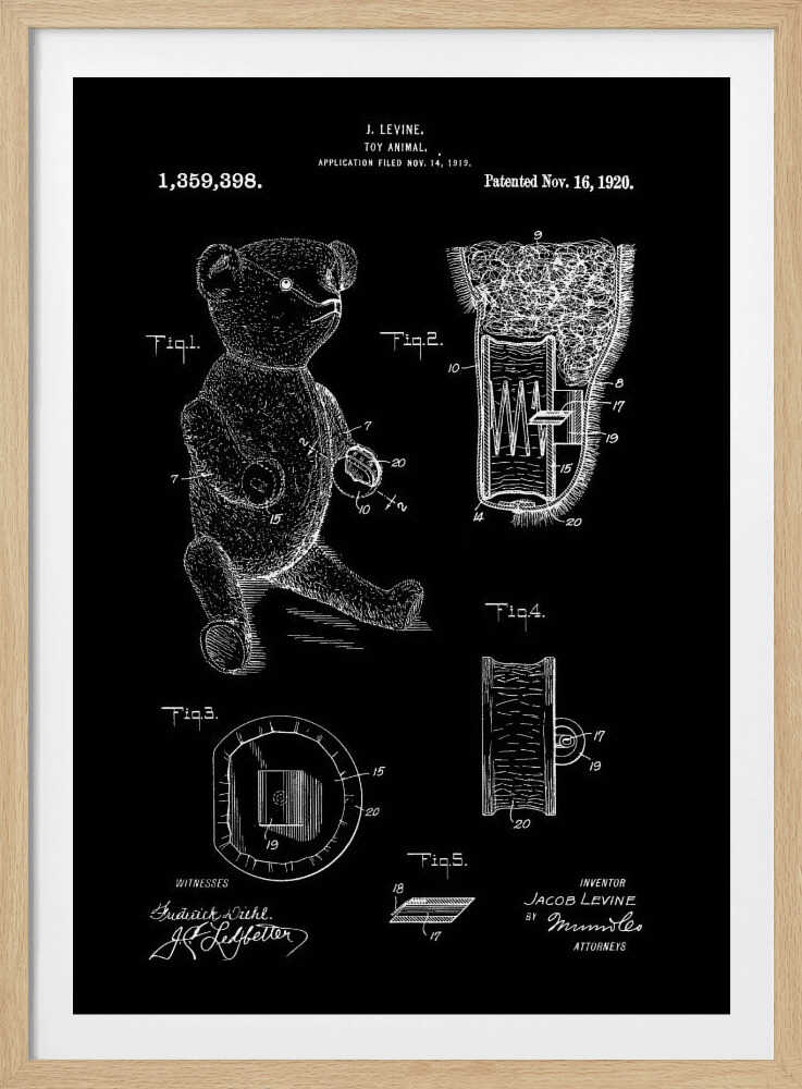 A framed vintage patent illustration for a toy animal, dated November 16, 1920. The technical drawing is presented in white on a black background, showing a teddy bear and detailed cross-sections of its internal mechanisms. Artwork