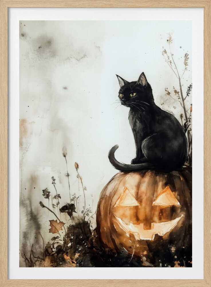A watercolor style illustration of a black cat with bright yellow eyes sitting on top of a carved pumpkin. The jack-o'-lantern has a wide grin and is glowing from within. The background is a muted, off-white with grey and brown washes, and some dark foliage is visible around the base of the pumpkin. Poster