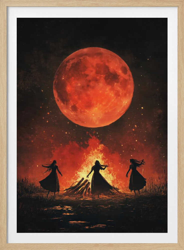 A dramatic painting of three silhouetted women in long dresses dancing around a large bonfire at night. Above them, a massive, textured, blood-red full moon hangs in a dark sky filled with embers and stars. Print