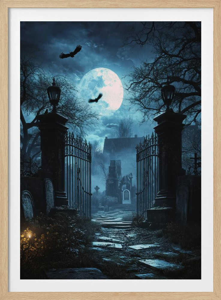 A spooky nighttime scene of an open wrought iron gate leading into an old, misty cemetery under a large, bright full moon, with crows flying in the cloudy sky. Wall Art