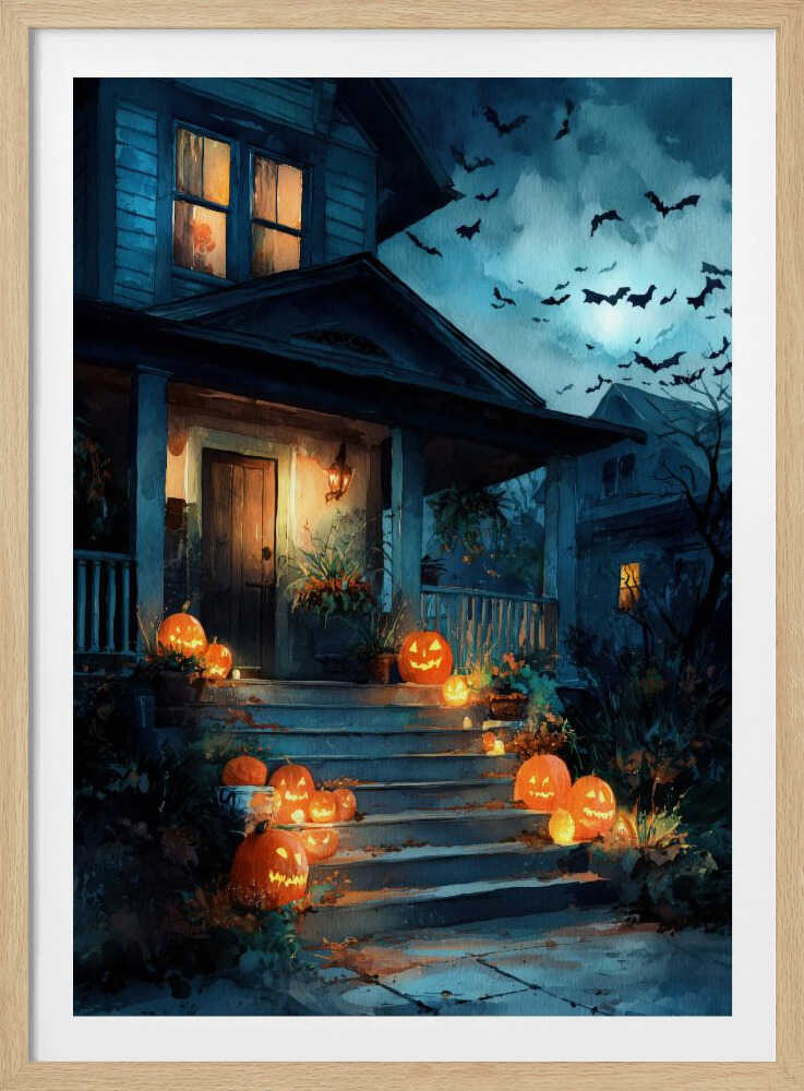 A painterly illustration of a blue house decorated for Halloween at night. Glowing jack-o'-lanterns line the front steps leading to a warmly lit porch. A swarm of bats flies across the dark, moonlit sky. Artwork