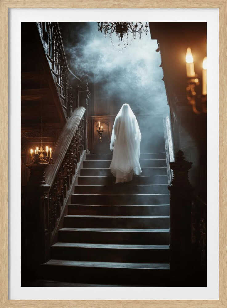 A ghostly figure covered in a white sheet ascends a grand, dark wooden staircase in a haunted mansion. Ethereal smoke swirls around the apparition, illuminated by the warm glow of antique candelabras and a chandelier, creating a spooky and mysterious atmosphere. Poster