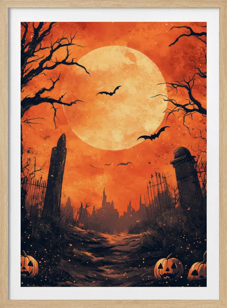 A spooky Halloween illustration of a path leading through a dark graveyard under a large, glowing full moon. Bats fly across the orange sky, silhouetted by the moon, while bare, gnarled trees and ancient tombstones frame the scene. In the foreground, carved jack-o'-lanterns glow menacingly. Artwork