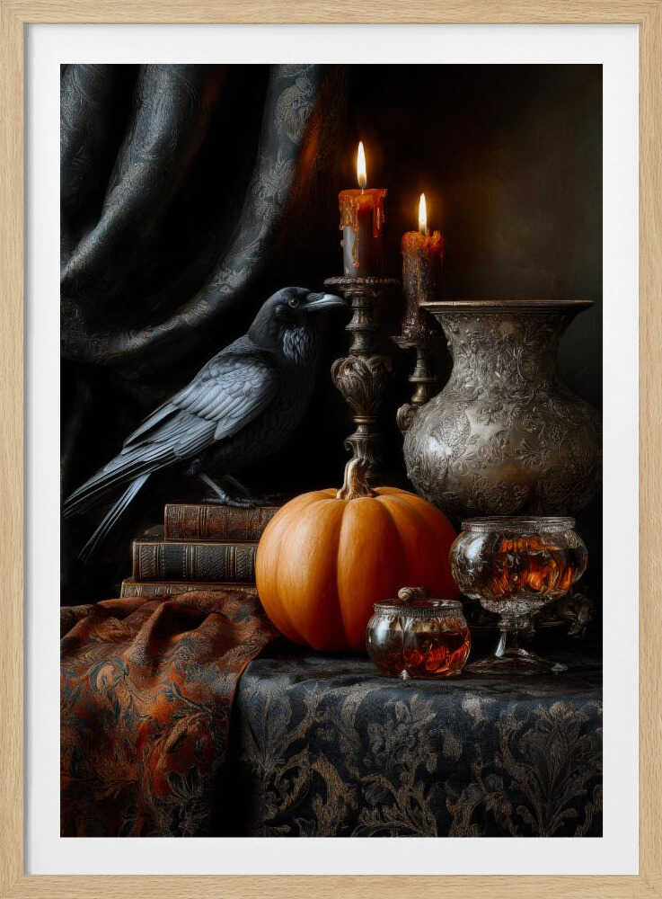A moody and atmospheric still life featuring a black raven perched on a stack of old books next to a bright orange pumpkin. Two lit candles in ornate bronze holders cast a warm glow on an embossed metal vase, crystal glasses, and a dark, patterned tablecloth. Decor