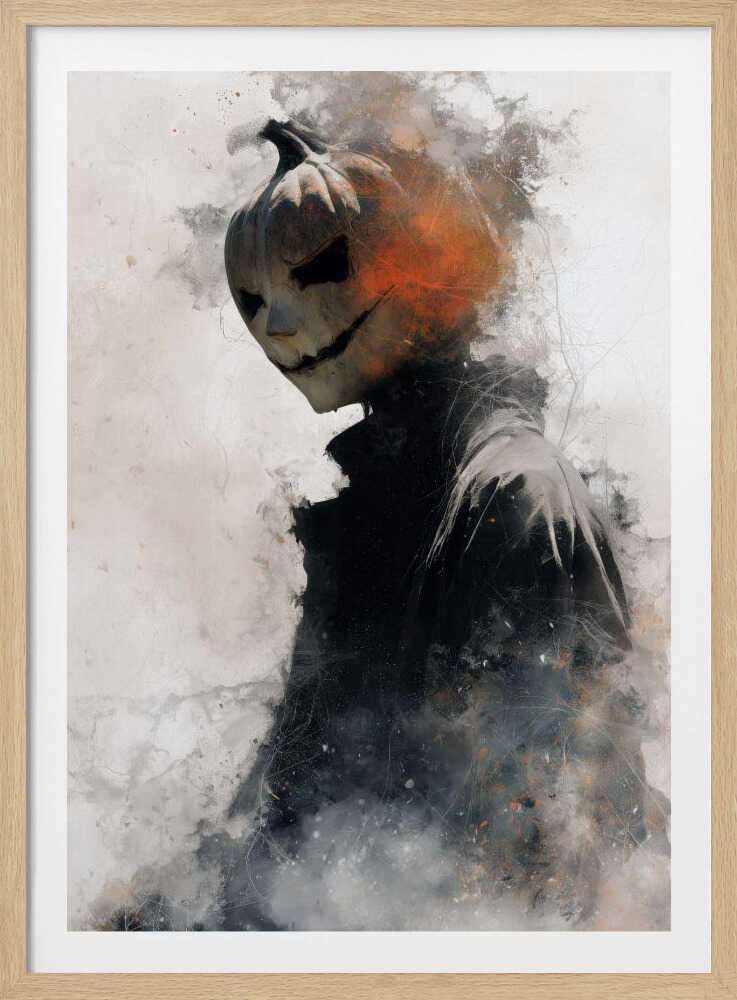 A painterly and dark fantasy artwork of a figure with a sinister carved pumpkin for a head, wearing a black coat. The figure is dissolving into smoke and abstract textures, with fiery orange embers erupting from the back of its head against a gritty, light gray background. Decor