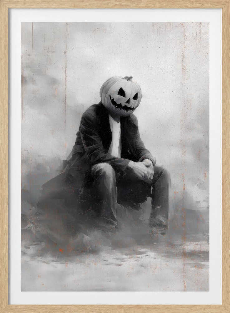 A moody, black and white painting of a person with a carved jack-o'-lantern for a head, sitting down in a foggy, indistinct environment. The figure is wearing a dark coat, white t-shirt, and jeans, with their hands clasped in their lap. Wall Art