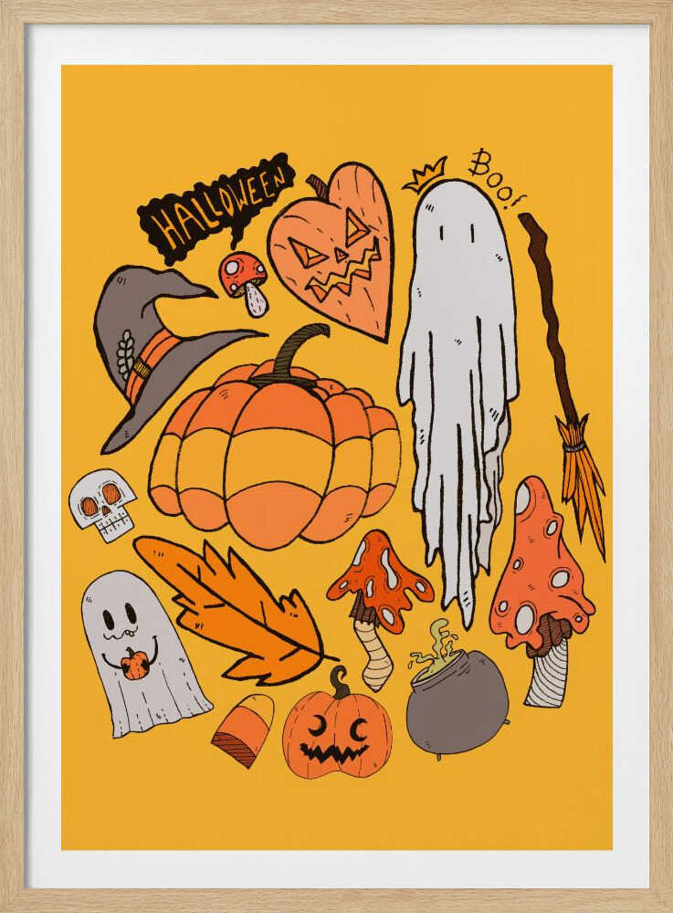 A cute cartoon illustration featuring a collection of Halloween-themed doodles on a bright yellow-orange background. The doodles include ghosts, pumpkins, a jack-o'-lantern, a witch's hat, spooky mushrooms, a cauldron, a skull, a broomstick, and the word 'Halloween' in a black speech bubble. Print