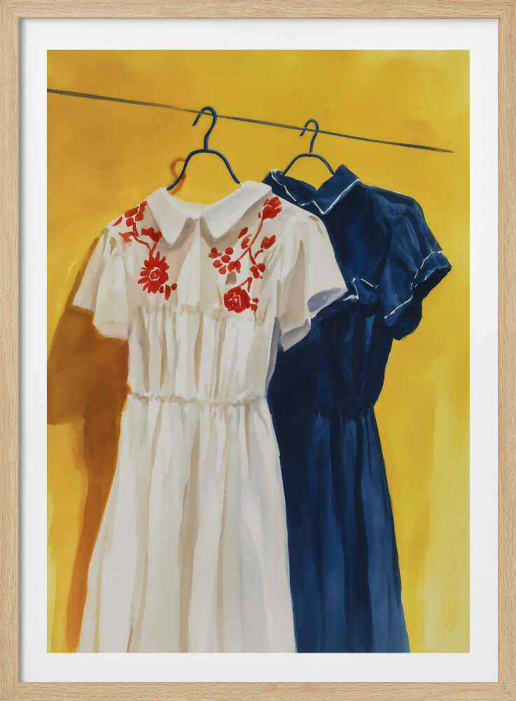A painting of two vintage-style dresses hanging on a clothesline against a bright yellow wall. The dress in the foreground is white with red floral embroidery on its collar, and the dress behind it is a solid dark blue. Decor