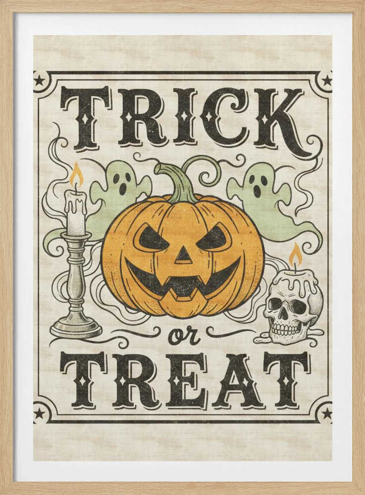 A vintage-style Halloween art print with the words 'TRICK or TREAT' in a stylized black font. In the center is a large orange jack-o'-lantern flanked by two small green ghosts, a lit candle in a candlestick, and a lit candle on a skull. The background is a distressed cream color, and the entire image is enclosed in a decorative border with stars in the corners. Poster