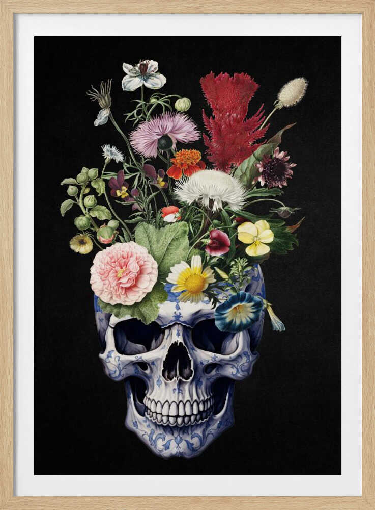 A detailed painting of a human skull that serves as a vase for a vibrant bouquet of flowers. The skull is adorned with a blue and white porcelain-like pattern, and the overflowing flowers include pink peonies, red cockscomb, and yellow daisies against a solid black background. Poster