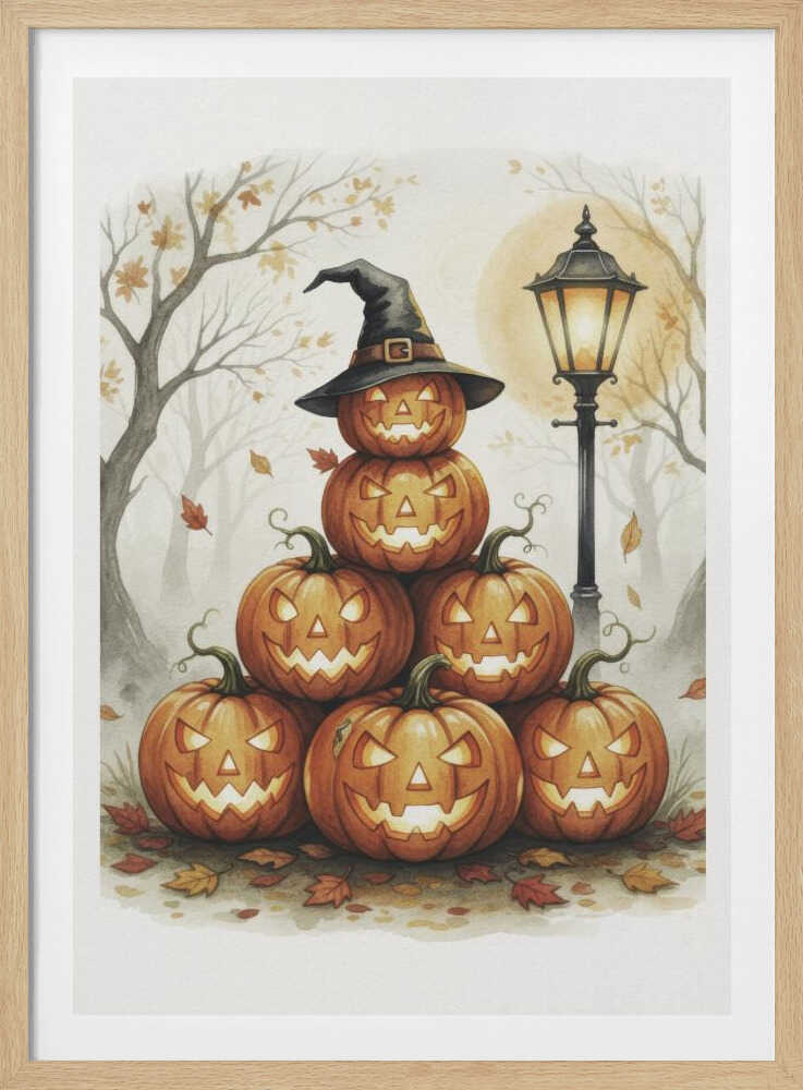 A whimsical watercolor painting of a pyramid of seven glowing jack-o'-lanterns. The top pumpkin sports a black witch's hat. An old-fashioned lamppost illuminates the spooky scene, set in a misty forest with bare trees and falling autumn leaves. Print