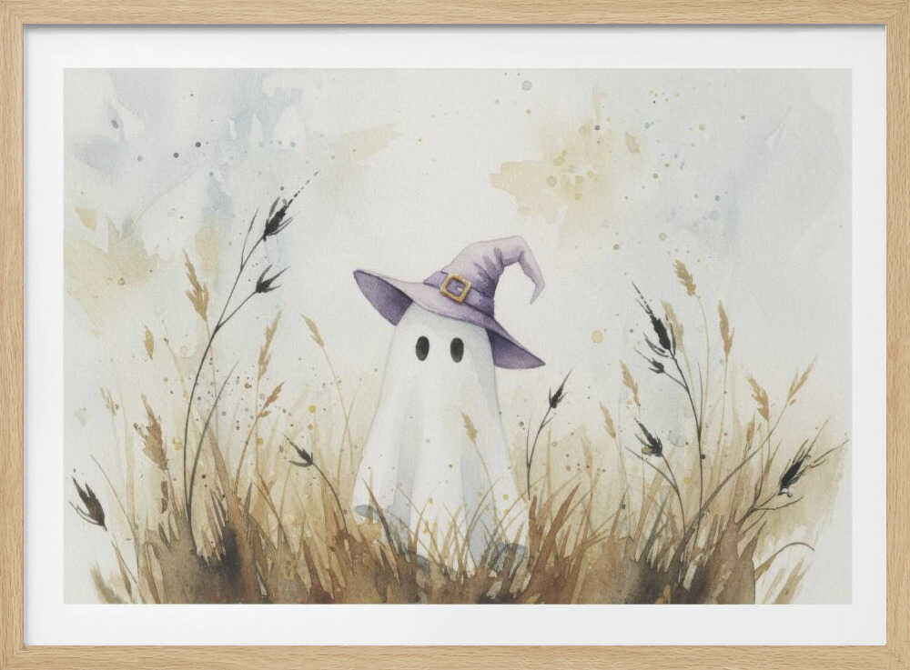 A whimsical watercolor painting of a cute white ghost wearing a purple witch's hat. The ghost is standing in a field of tall, dry brown and beige grasses against a light, splotchy background, all within a silver frame. Artwork