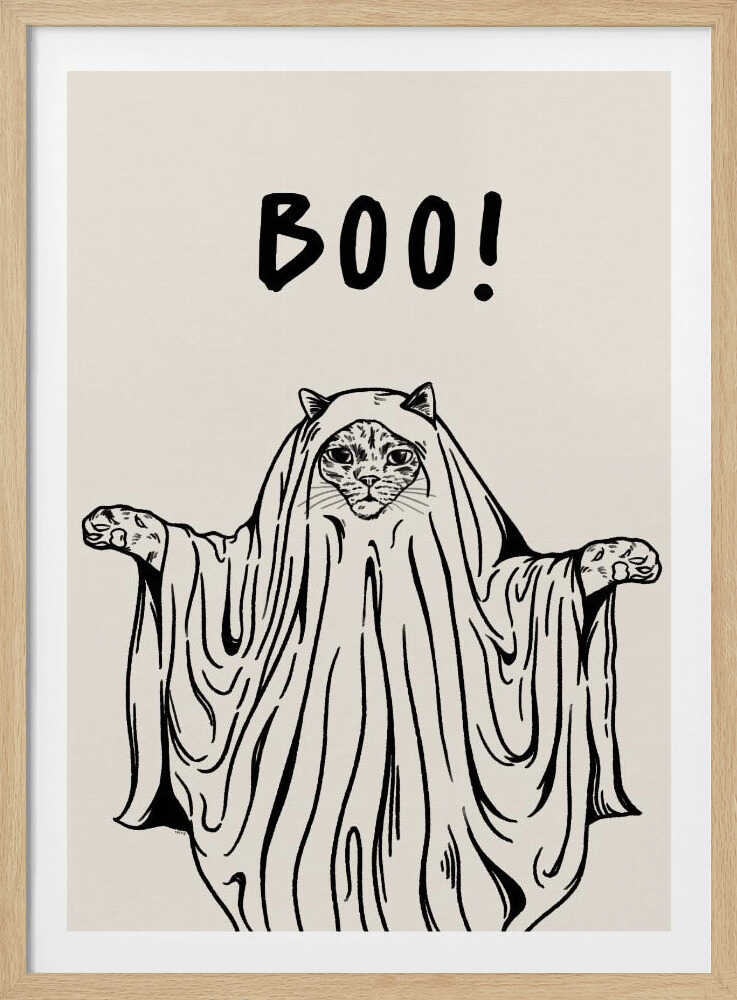 A minimalist black and white line drawing of a cat in a ghost costume. The cat's face peeks out from under a sheet, and its paws are held out to the sides. Above its head, the word 'BOO!' is written in a playful, hand-drawn font. Artwork