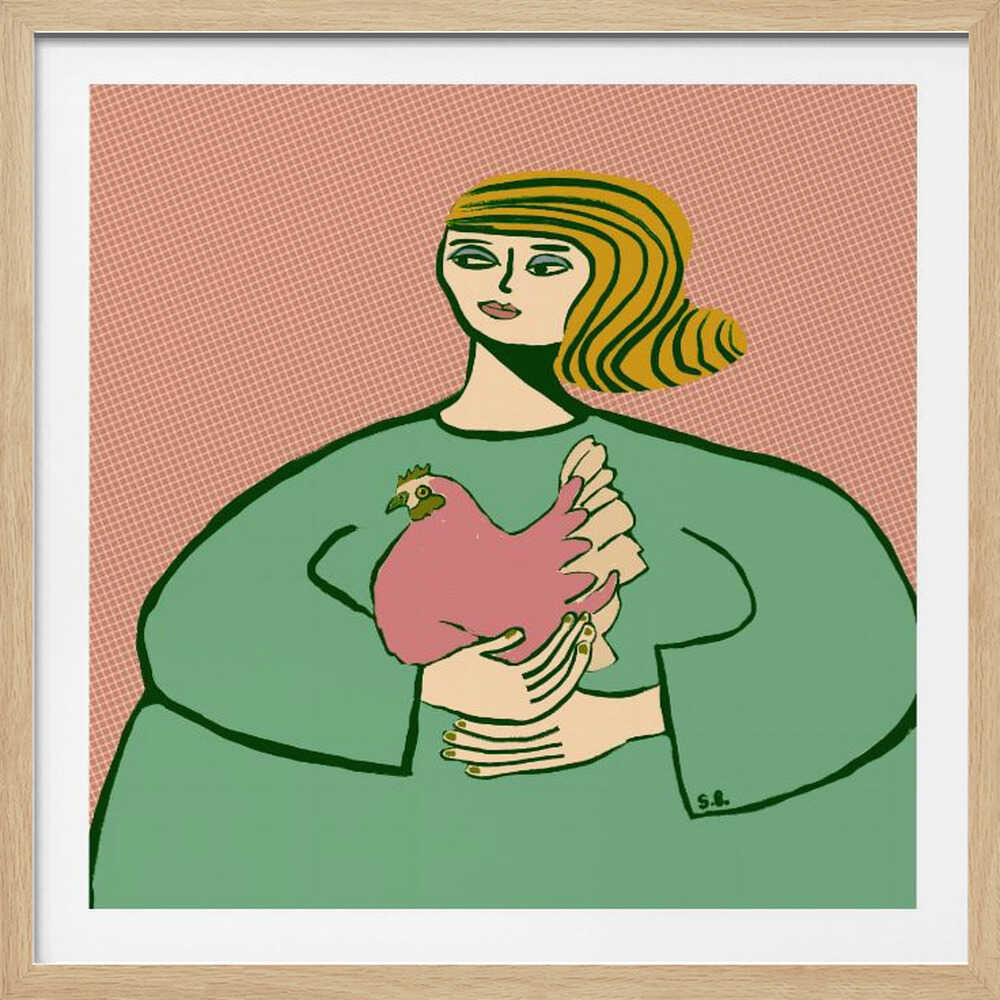 A stylized illustration of a woman with wavy, striped blonde hair wearing a loose green tunic. She is cradling a pink chicken in her arms against a muted pink, patterned background. The artwork is displayed in a light wood frame. Poster