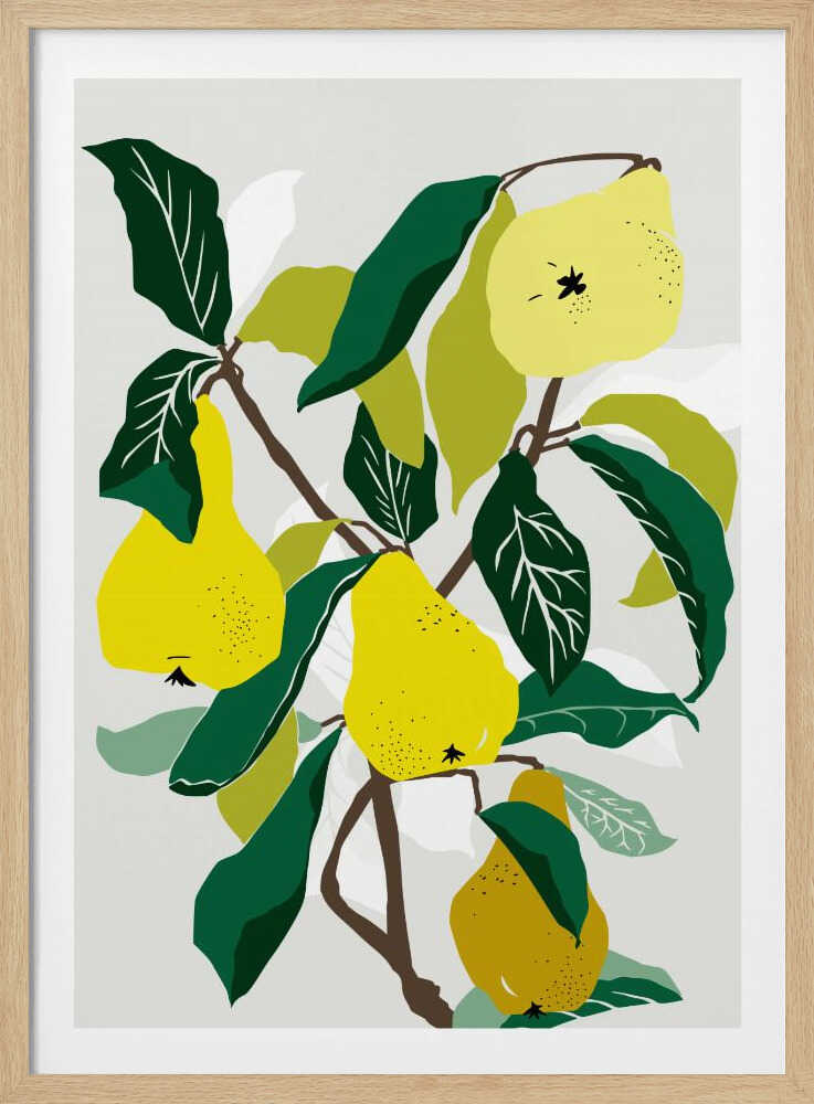 A modern graphic illustration of a pear tree branch heavy with ripe yellow pears. The composition features bold dark green and lighter green leaves against a soft, light grey background, all enclosed in a thin black frame. Artwork