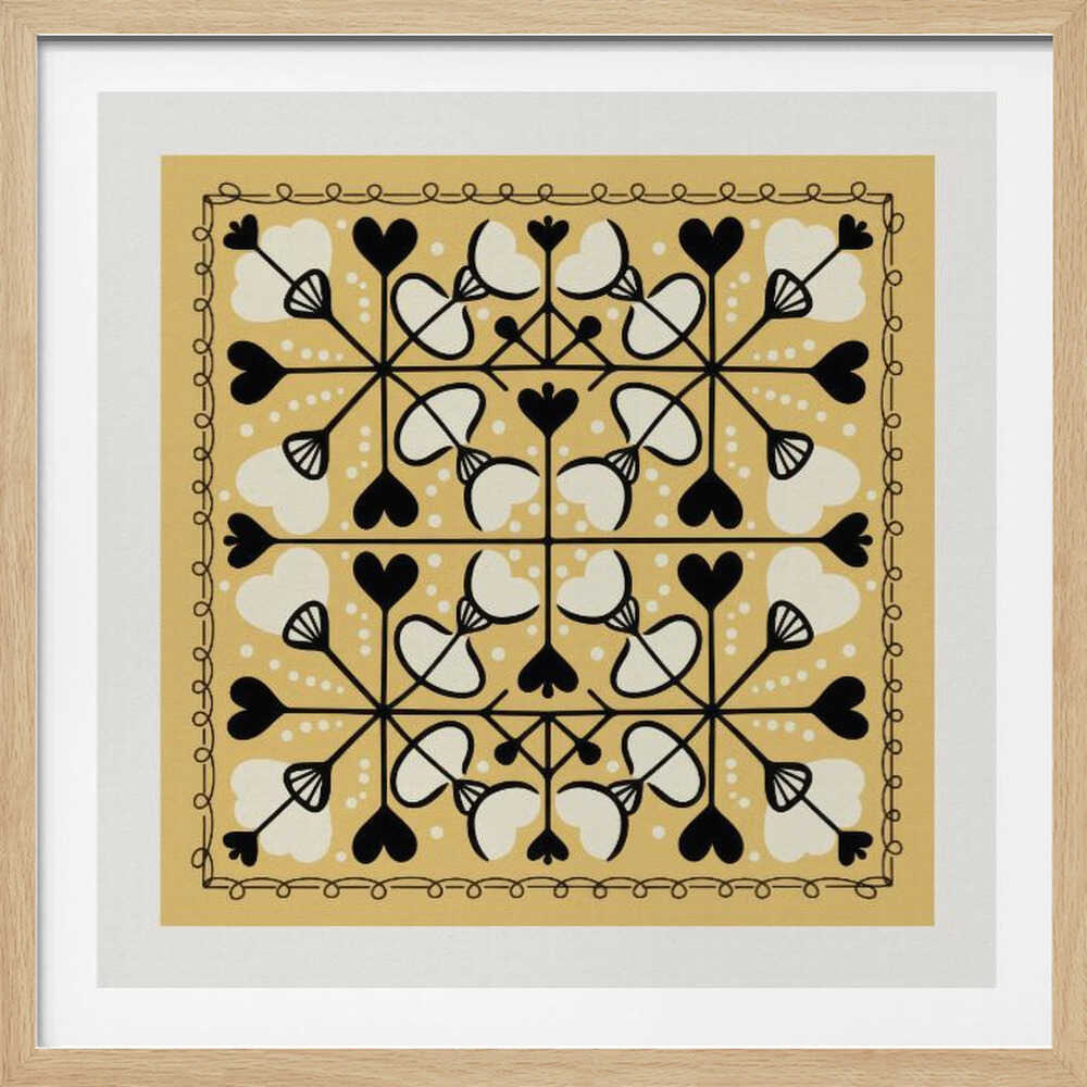 A framed square art print with a symmetrical folk art pattern on a mustard yellow background. The intricate black and white design features repeating heart and floral-like motifs, enclosed by a hand-drawn looped border. Poster