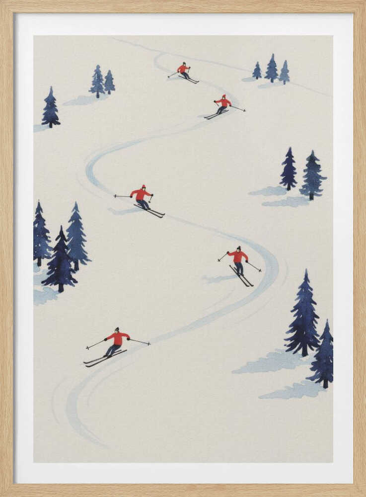 A minimalist illustration of several skiers in red jackets skiing down a wide, snow-covered slope, weaving between small clusters of blue pine trees. The scene is depicted from an overhead angle within a black frame. Artwork
