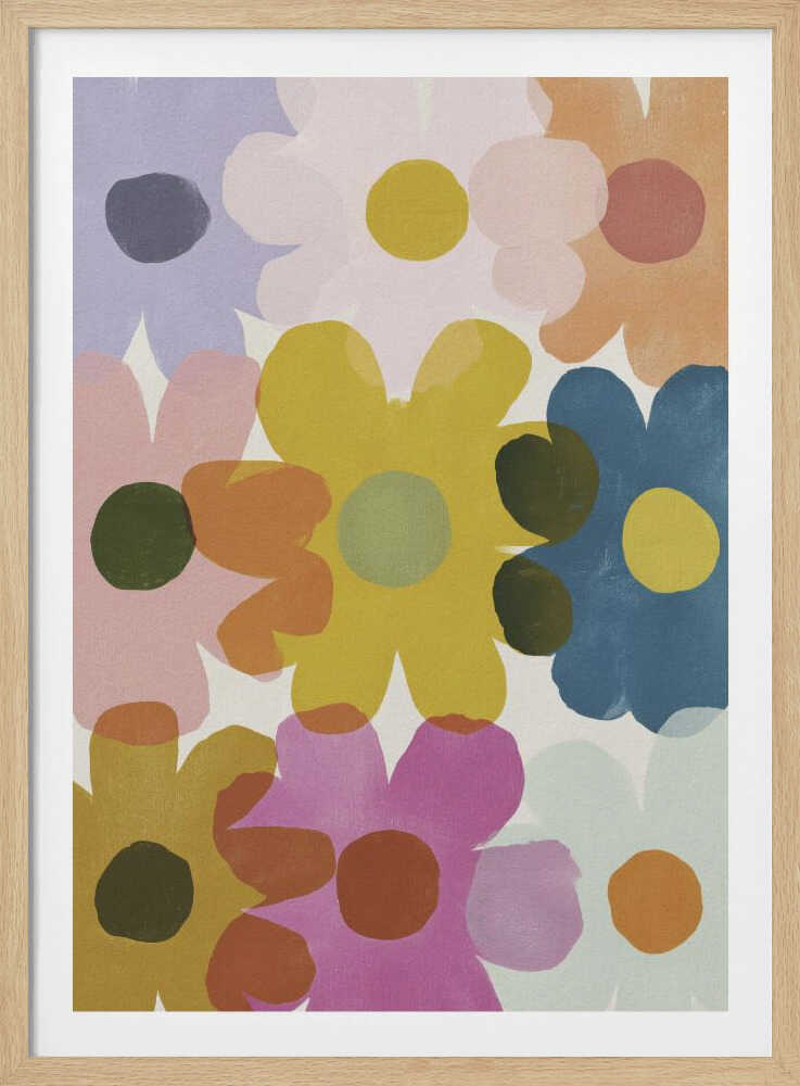 A colorful abstract painting of overlapping, stylized flowers in shades of yellow, blue, pink, orange, and purple. The simple, rounded flower shapes are semi-transparent, creating new colors where they overlap against a light background, all within a thin black frame. Decor