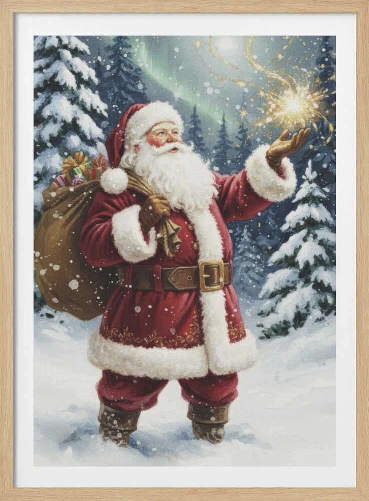 A classic painted portrait of Santa Claus in a red suit standing in a snowy evergreen forest at night. He holds a large sack of presents over his shoulder and looks up at a magical golden sparkler of light floating above his open palm. Print