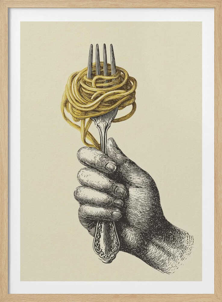 A vintage-style illustration of a hand rendered in black ink holding an ornate fork. A large portion of golden-yellow spaghetti is twirled around the tines of the fork. The image is on a cream-colored background and is displayed in a simple black frame. Poster