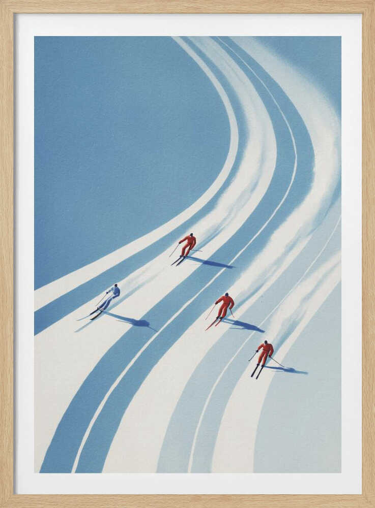 Vintage style poster of four skiers racing down a curving snowy mountain slope.