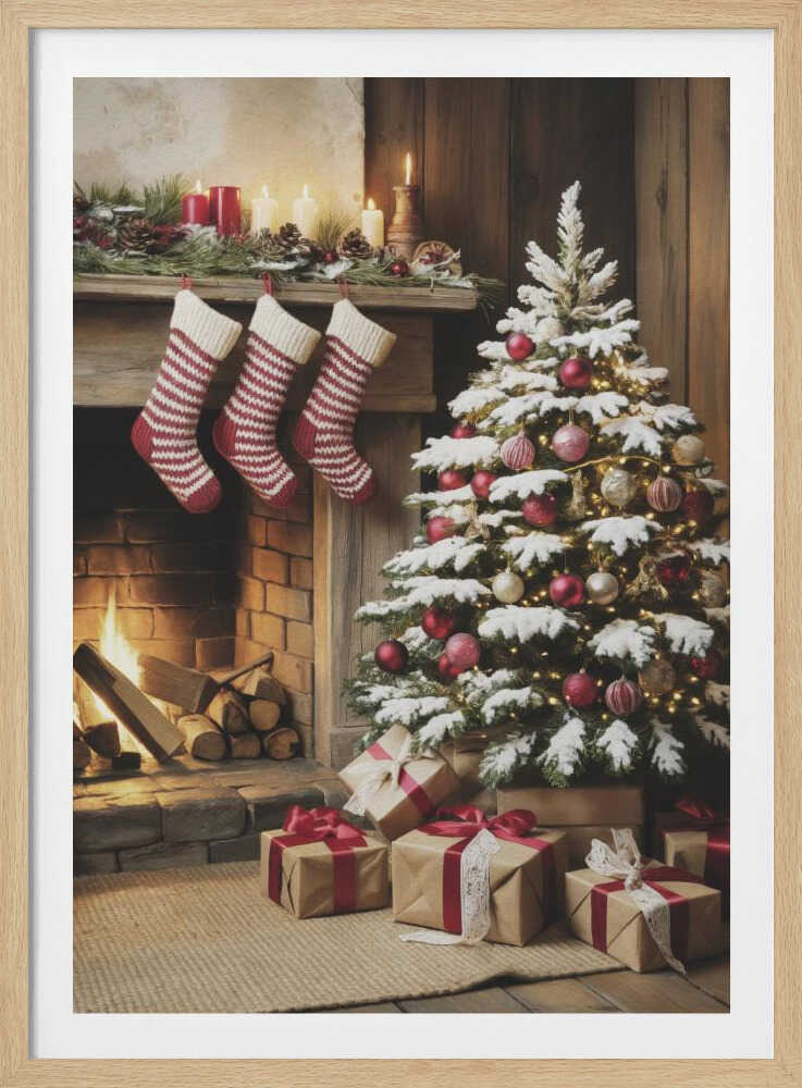 A cozy holiday scene depicting a decorated Christmas tree with red and gold ornaments next to a warm, lit fireplace. Three red and white striped stockings hang from the wooden mantel, and wrapped presents sit on the floor. Artwork